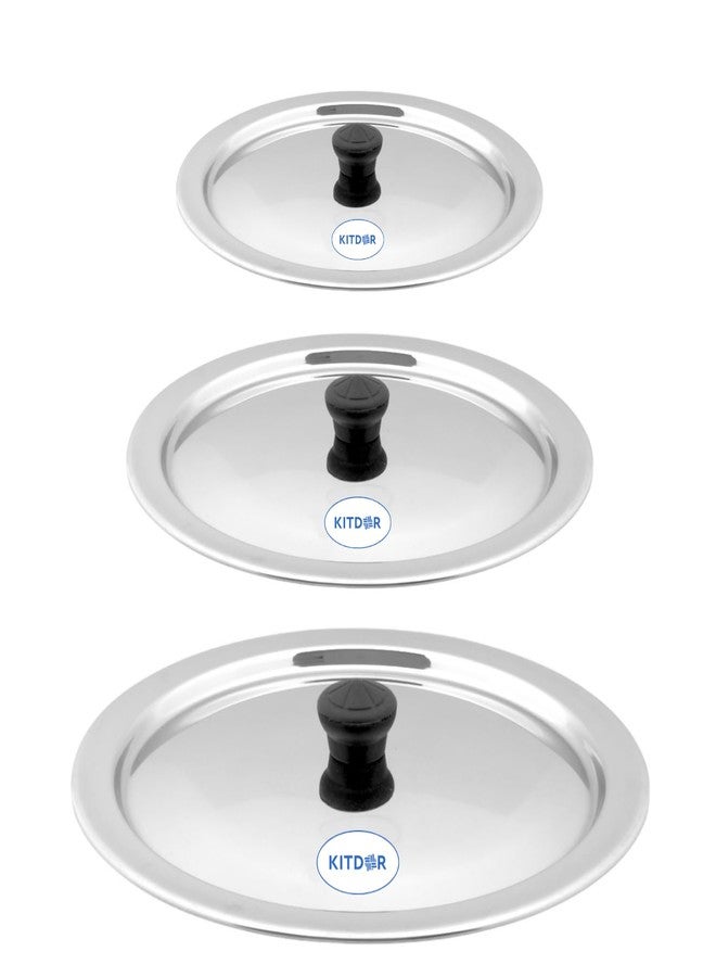 Kitdor Glossy Steel Lids for Utensils with Knobs | Melt-Free with a Good Gripsteel Lid for Kadai and Other Utensils | Round, Rust Resistant Steel (3 Pcs Set, Small) - Image 1